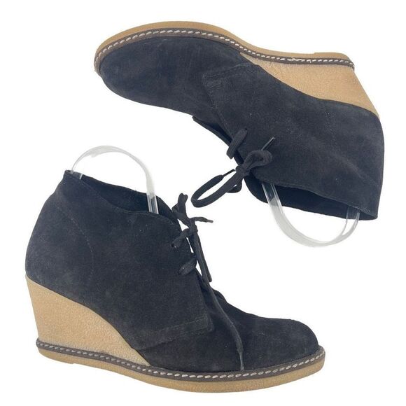 J. Crew Womens Ankle Boots Booties Suede Lace Up Wedge 2.5" Heels Black Size 9 - Picture 1 of 15